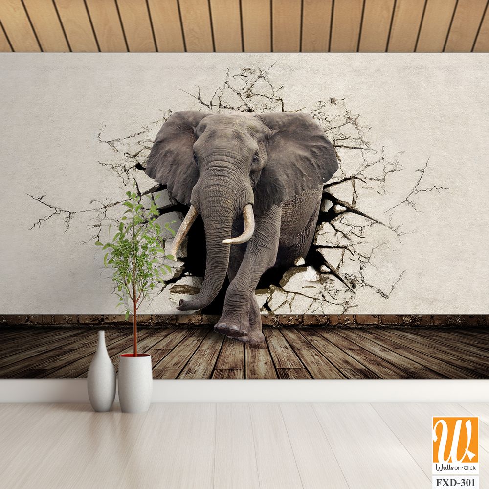 3D elephant emerging from a cracked wall mural Wallpaper [WP-FXD-301]