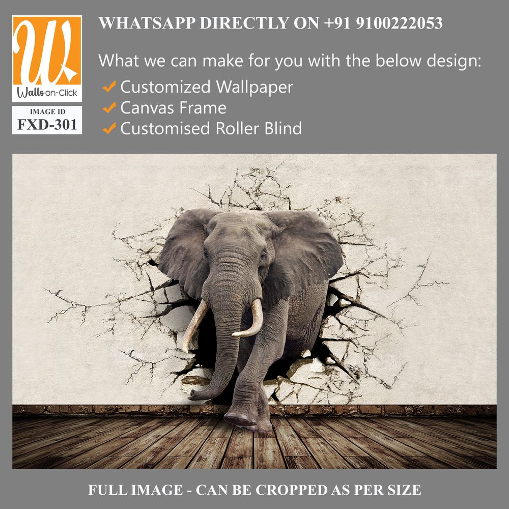 3D elephant emerging from a cracked wall mural Wallpaper [WP-FXD-301]