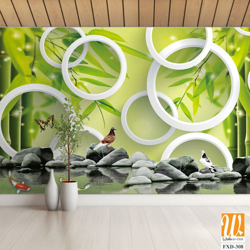 3D wall mural, bamboo forest with white circles Wallpaper [WP-FXD-308]