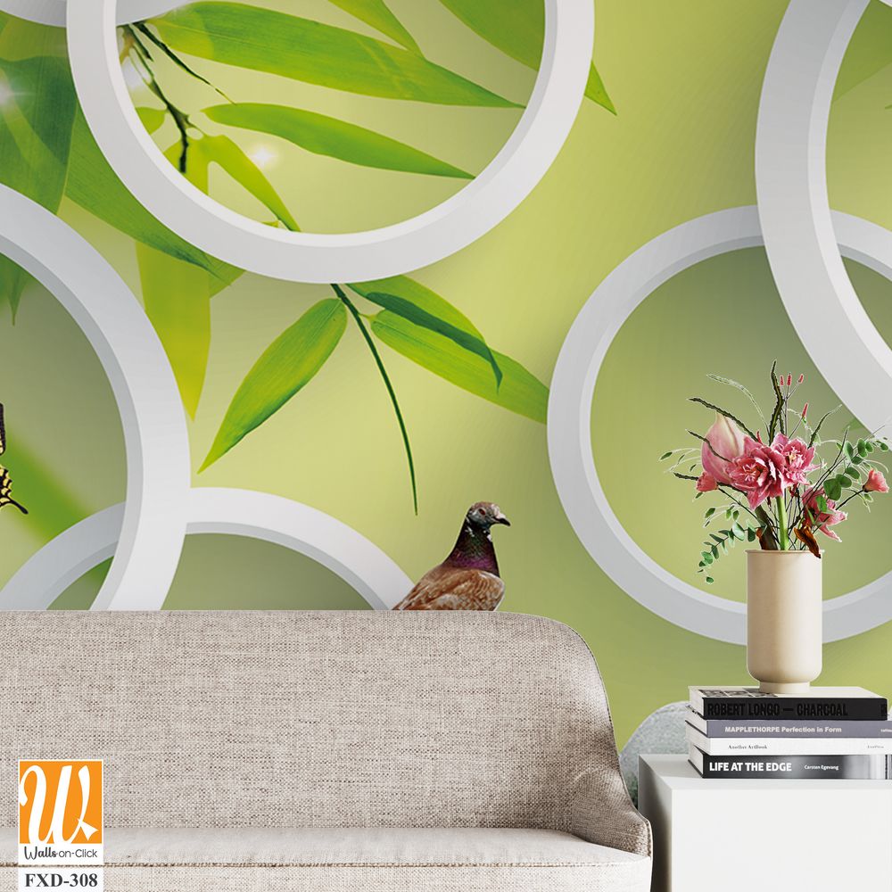3D wall mural, bamboo forest with white circles Wallpaper [WP-FXD-308]