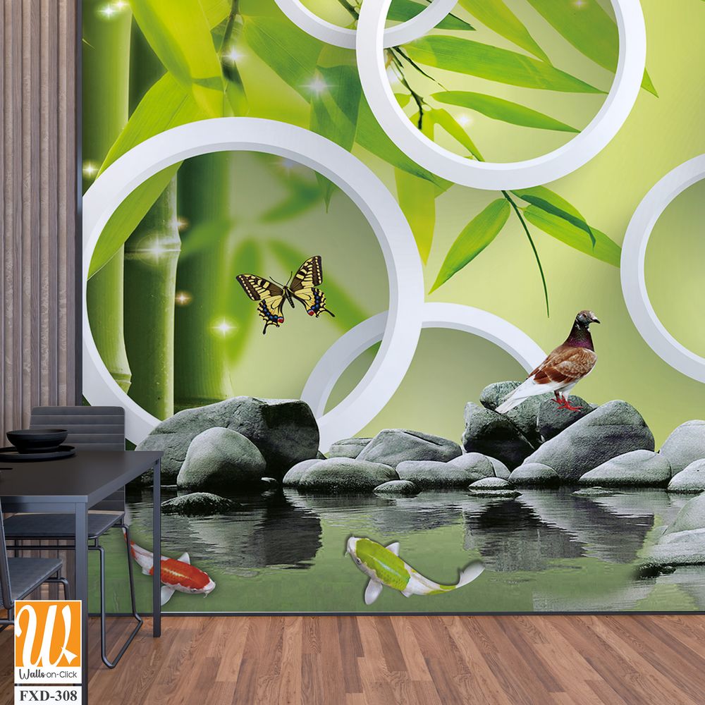 3D wall mural, bamboo forest with white circles Wallpaper [WP-FXD-308]