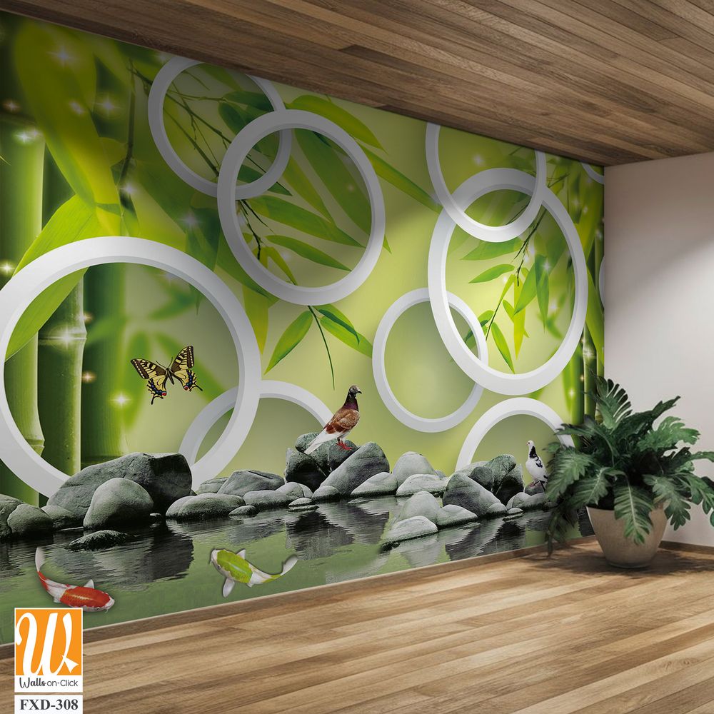 3D wall mural, bamboo forest with white circles Wallpaper [WP-FXD-308]