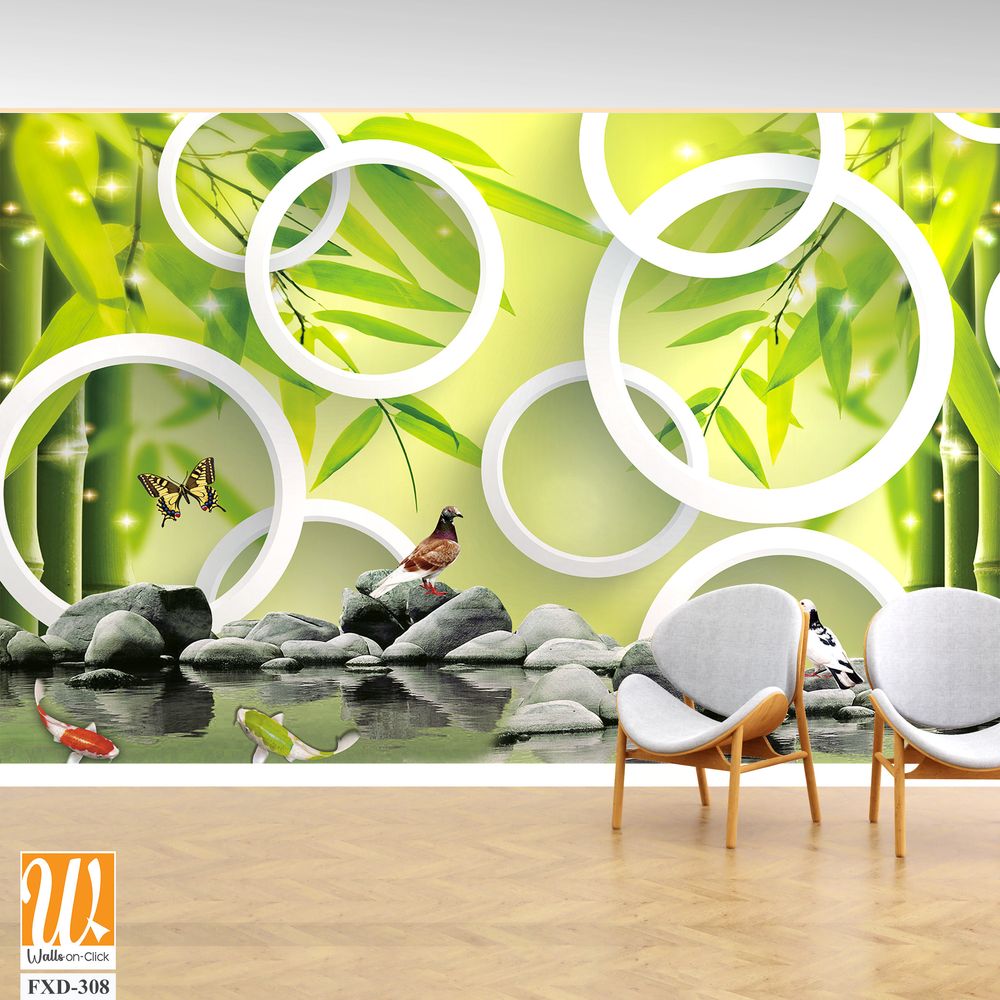 3D wall mural, bamboo forest with white circles Wallpaper [WP-FXD-308]