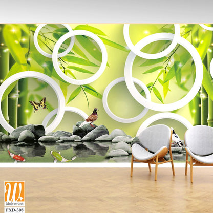 3D wall mural, bamboo forest with white circles Wallpaper [WP-FXD-308]
