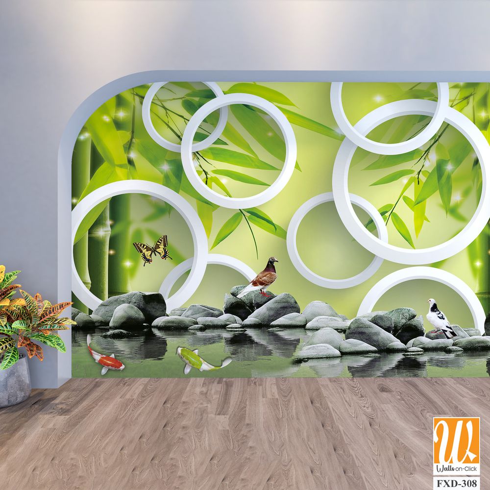 3D wall mural, bamboo forest with white circles Wallpaper [WP-FXD-308]