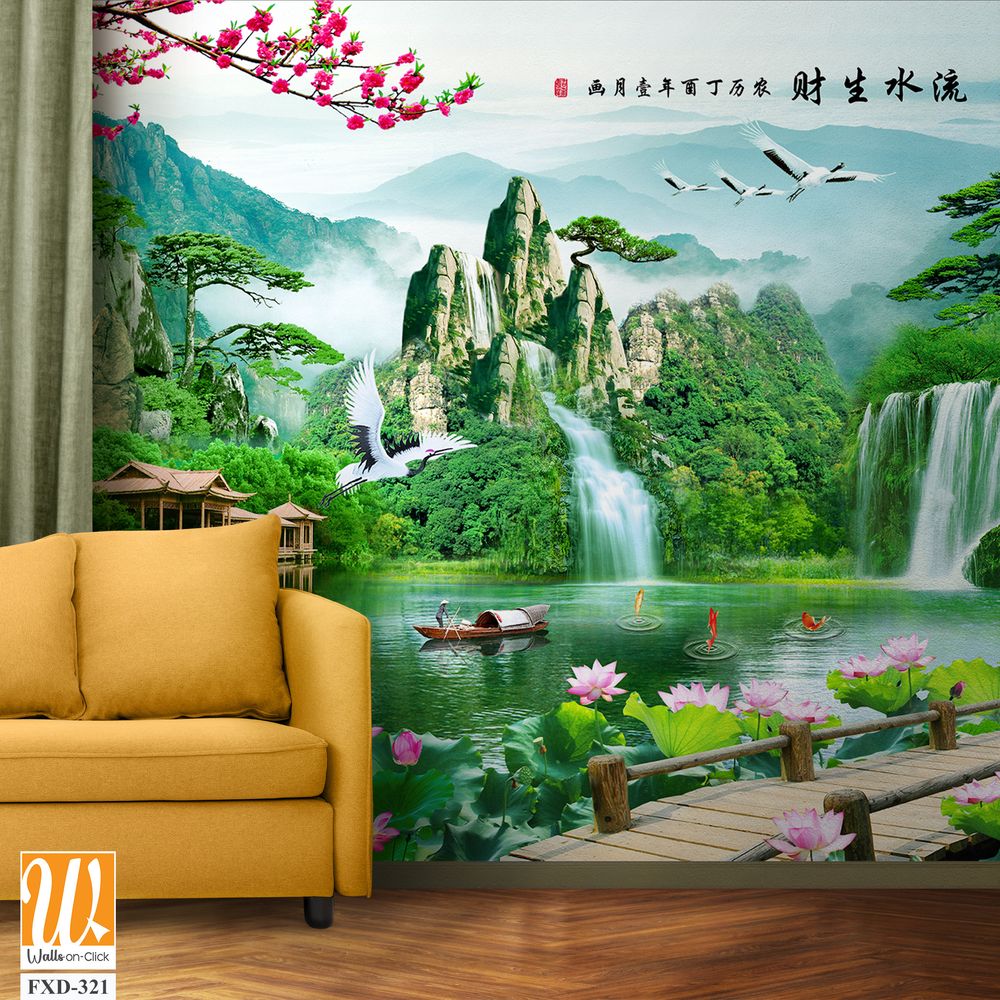 3d landscape painting with waterfalls Wallpaper [WP-FXD-321]