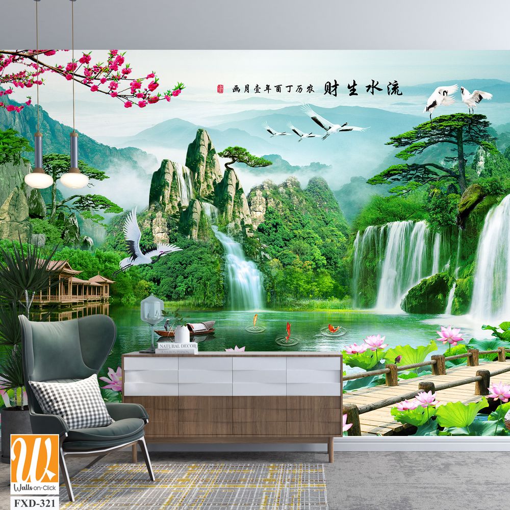 3d landscape painting with waterfalls Wallpaper [WP-FXD-321]