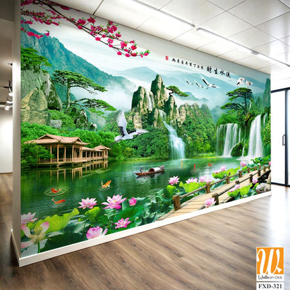 3d landscape painting with waterfalls Wallpaper [WP-FXD-321]