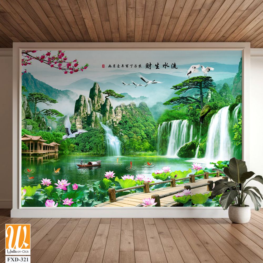 3d landscape painting with waterfalls Wallpaper [WP-FXD-321]