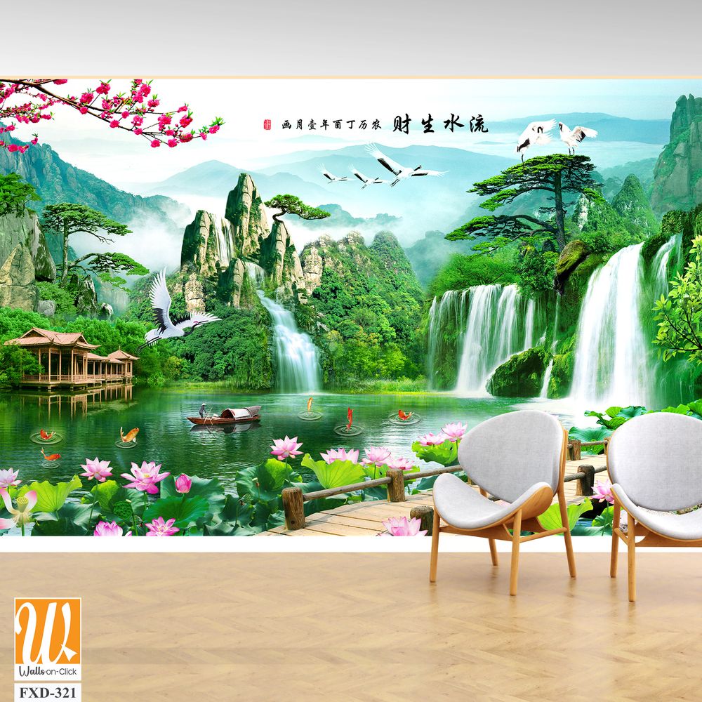 3d landscape painting with waterfalls Wallpaper [WP-FXD-321]