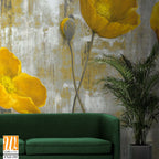 Abstract yellow flowers on a grey background, brush stroked Wallpaper [WP-FXD-395]