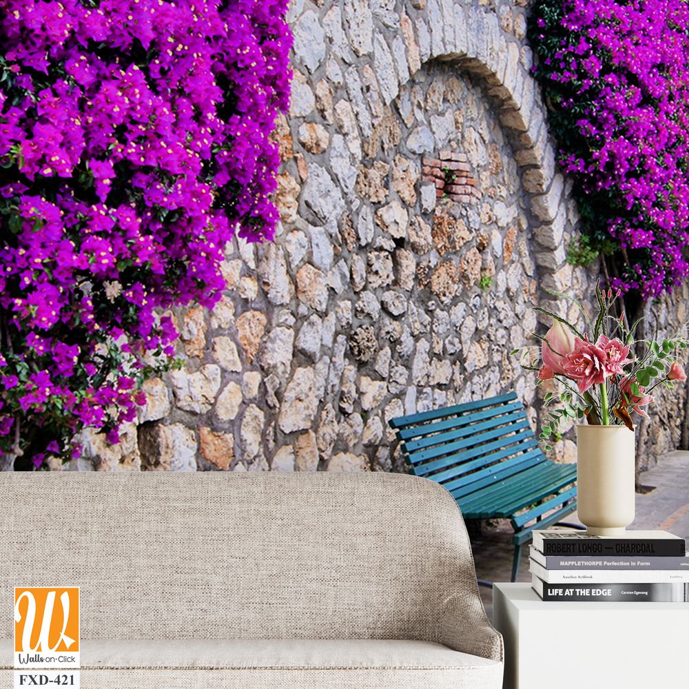 Wall with purple bougainvillea Wallpaper [WP-FXD-421]