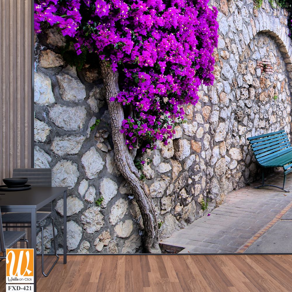 Wall with purple bougainvillea Wallpaper [WP-FXD-421]