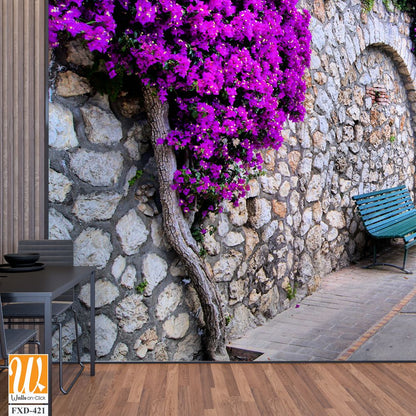 Wall with purple bougainvillea Wallpaper [WP-FXD-421]