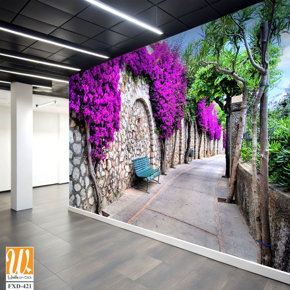 Wall with purple bougainvillea Wallpaper [WP-FXD-421]
