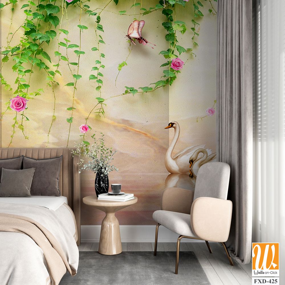 3D pink rose vines mural, wall mural Wallpaper [WP-FXD-425]