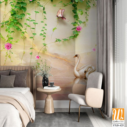 3D pink rose vines mural, wall mural Wallpaper [WP-FXD-425]