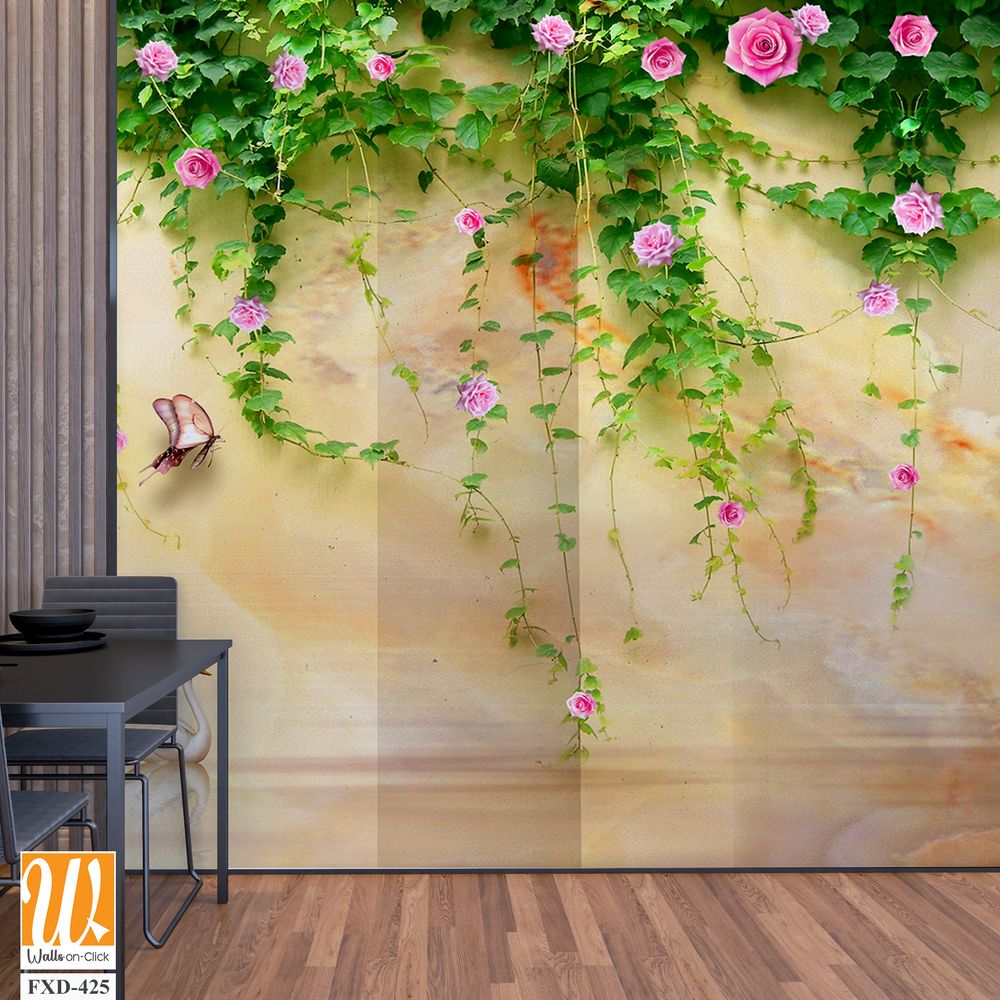 3D pink rose vines mural, wall mural Wallpaper [WP-FXD-425]