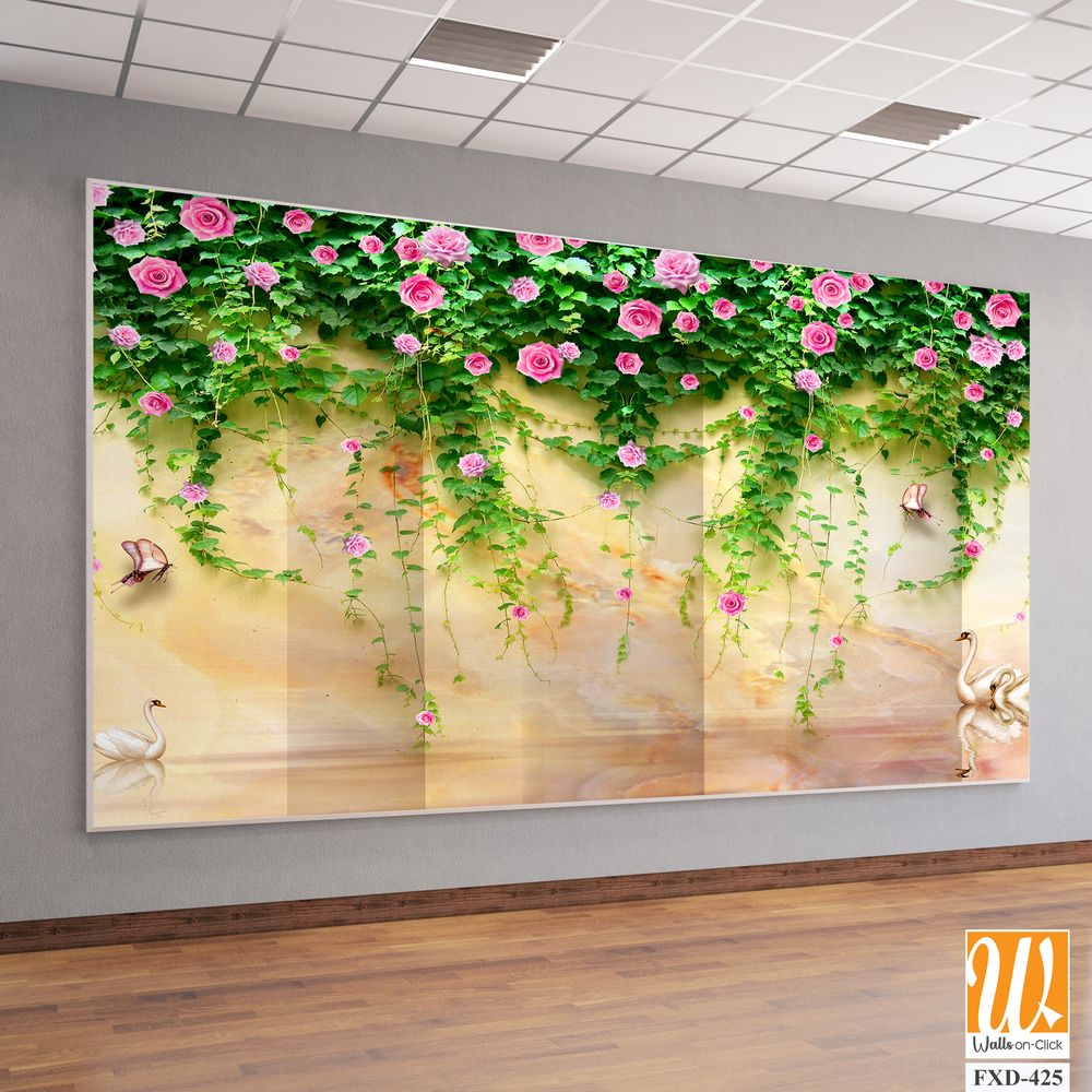 3D pink rose vines mural, wall mural Wallpaper [WP-FXD-425]