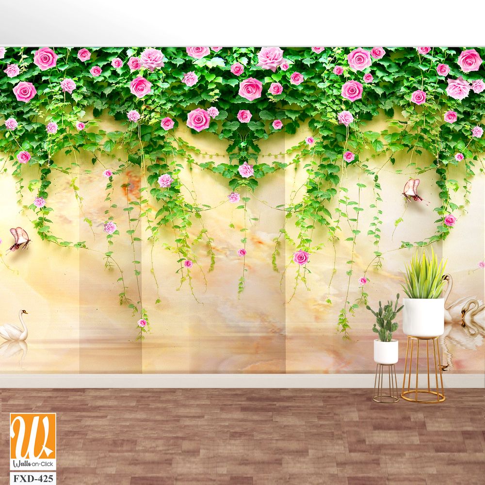 3D pink rose vines mural, wall mural Wallpaper [WP-FXD-425]