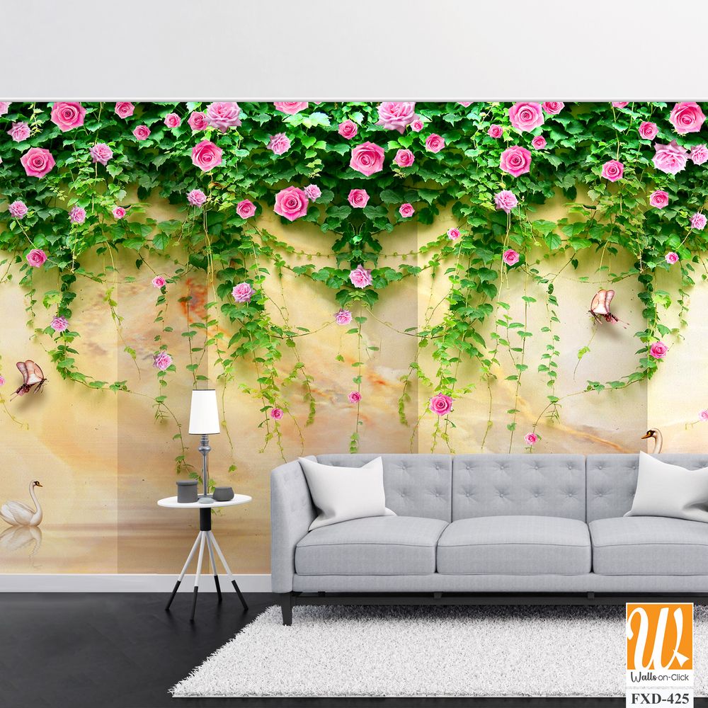3D pink rose vines mural, wall mural Wallpaper [WP-FXD-425]