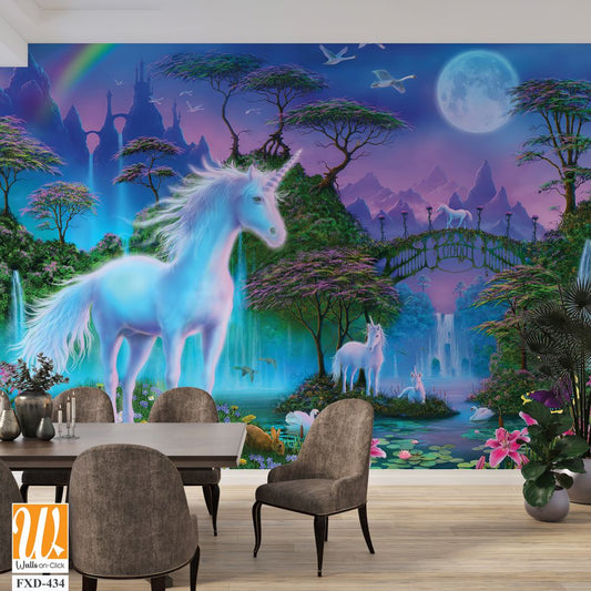 White unicorn in the magical forest Wallpaper [WP-FXD-434]