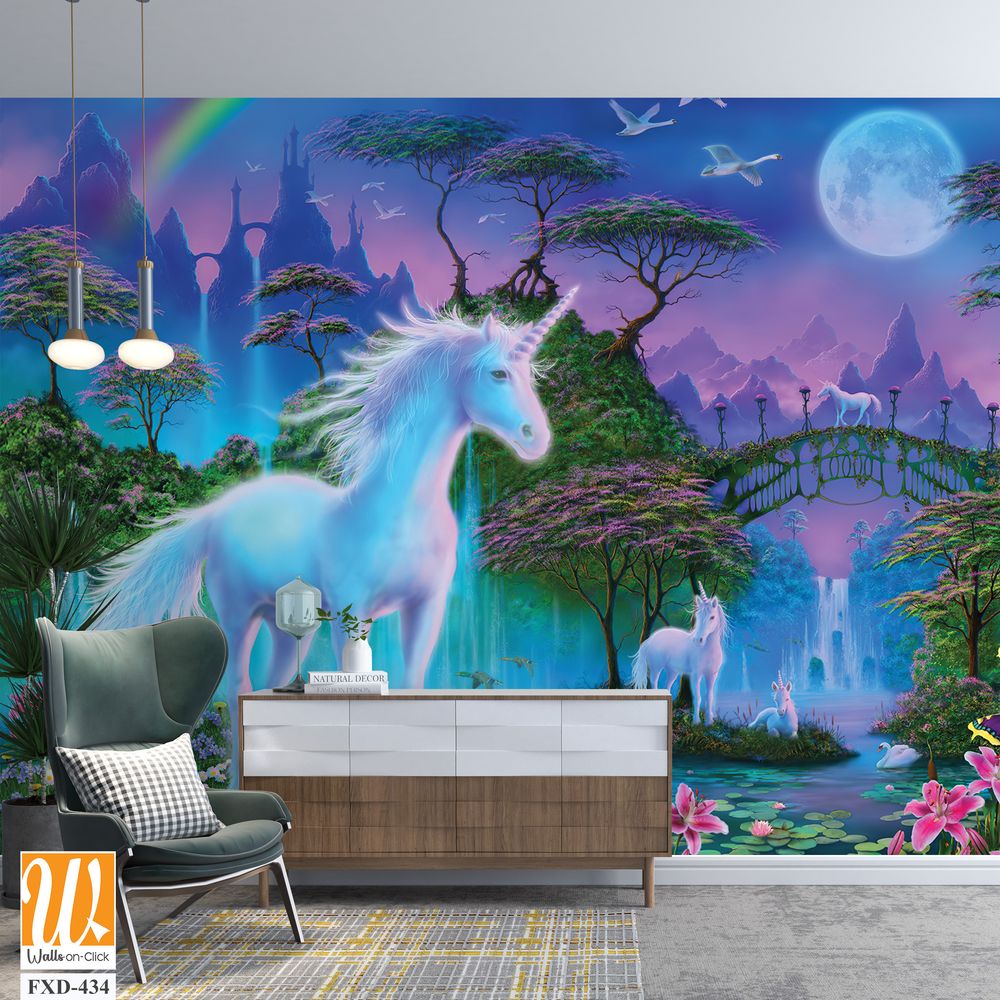 White unicorn in the magical forest Wallpaper [WP-FXD-434]