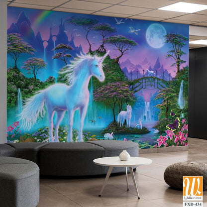 White unicorn in the magical forest Wallpaper [WP-FXD-434]