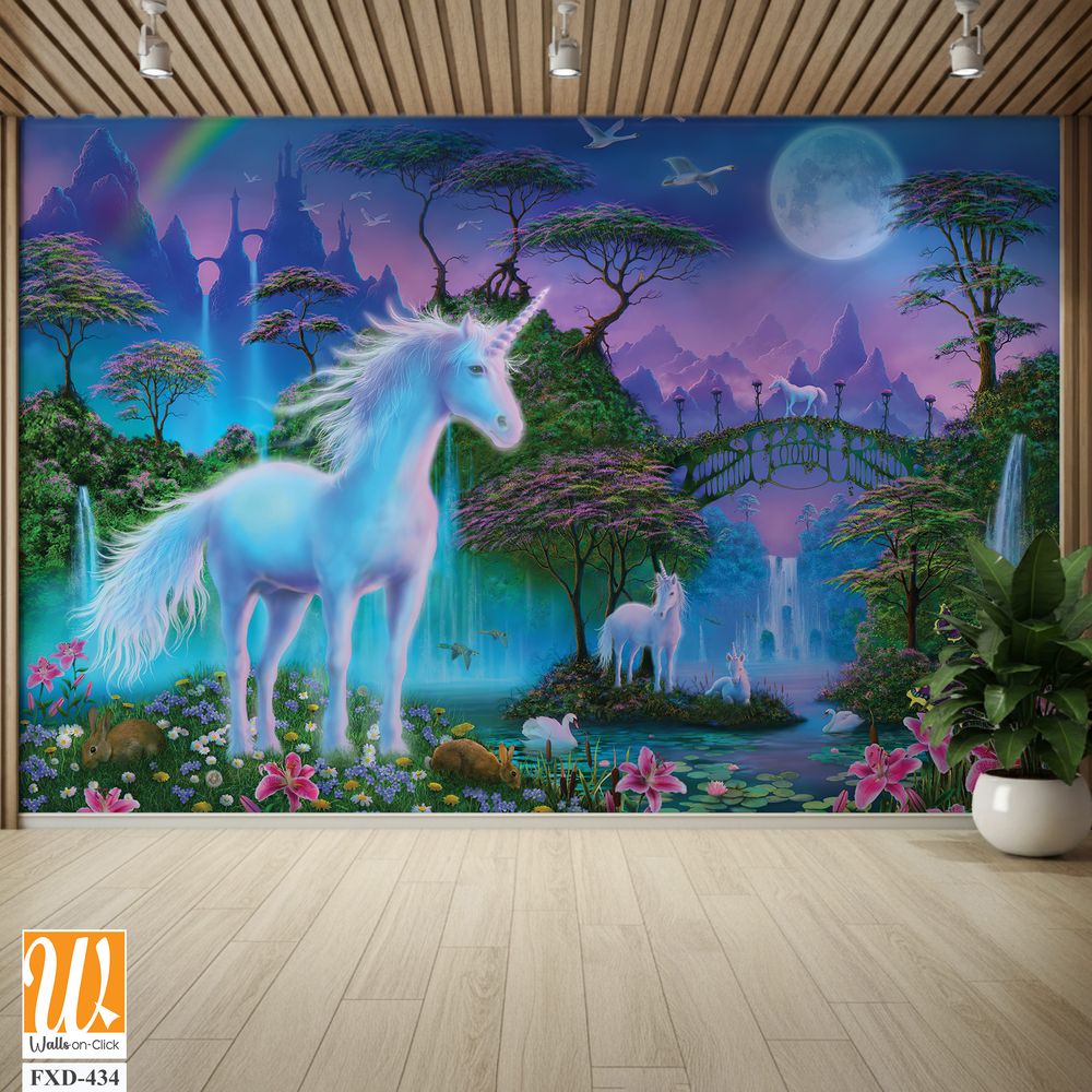 White unicorn in the magical forest Wallpaper [WP-FXD-434]