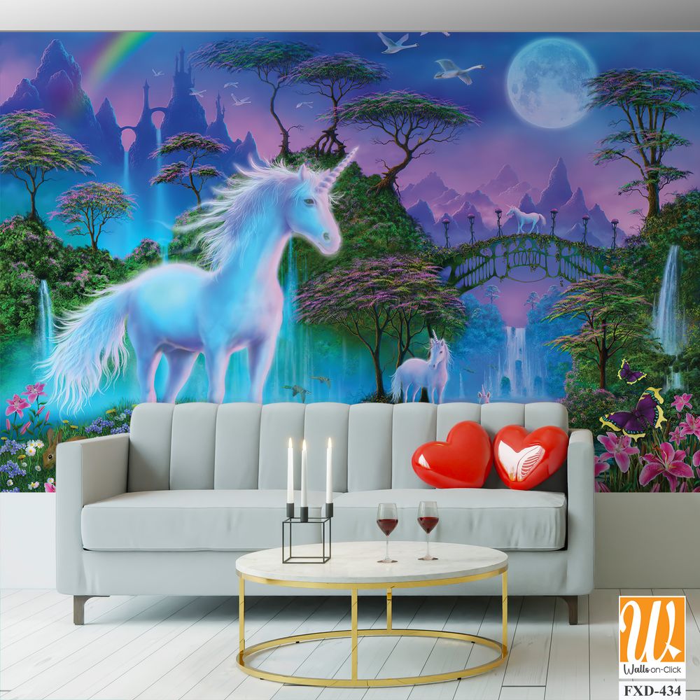 White unicorn in the magical forest Wallpaper [WP-FXD-434]