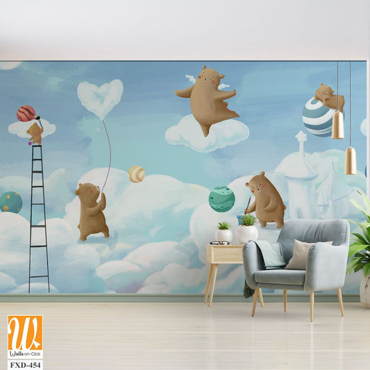 Cute cartoon bears painting clouds and balloons on the sky Wallpaper [WP-FXD-454]