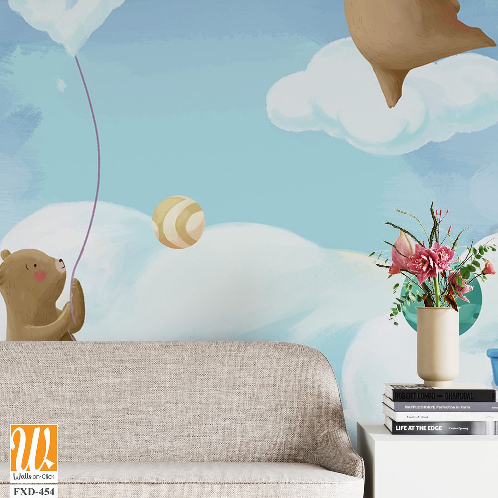 Cute cartoon bears painting clouds and balloons on the sky Wallpaper [WP-FXD-454]