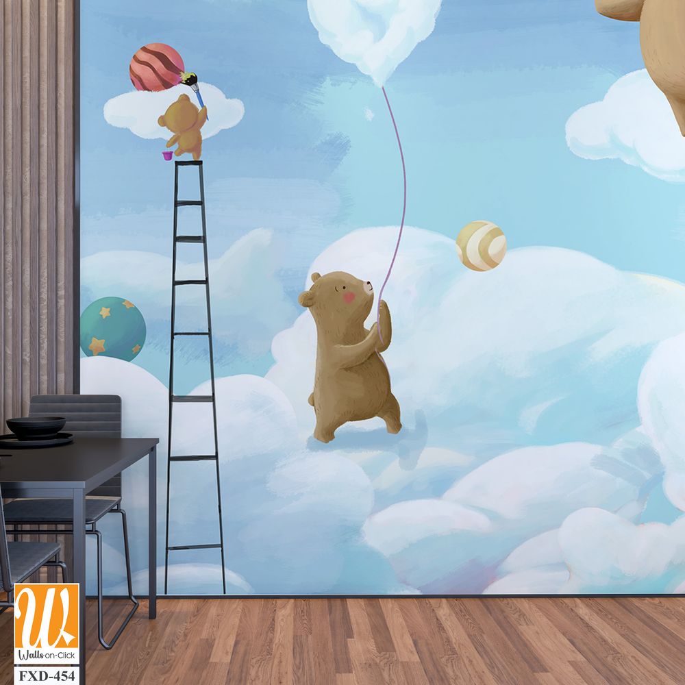 Cute cartoon bears painting clouds and balloons on the sky Wallpaper [WP-FXD-454]