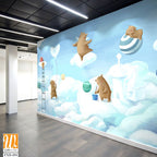 Cute cartoon bears painting clouds and balloons on the sky Wallpaper [WP-FXD-454]