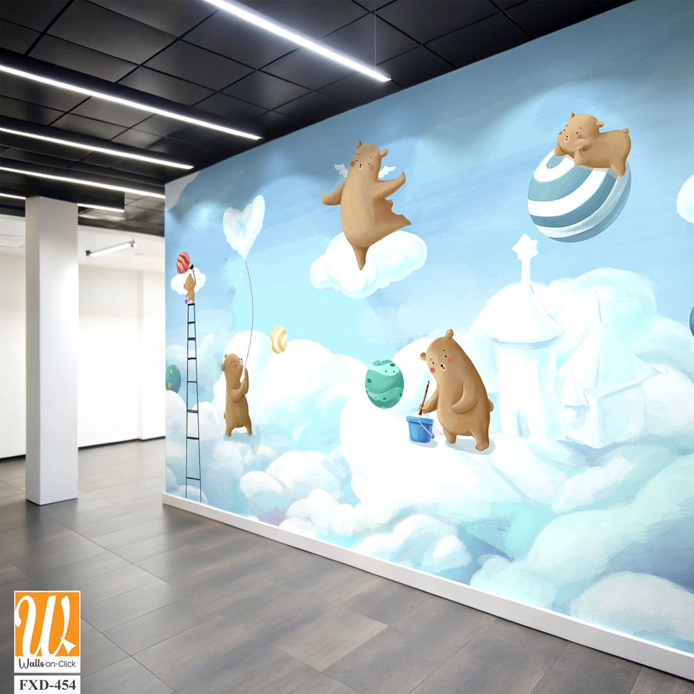 Cute cartoon bears painting clouds and balloons on the sky Wallpaper [WP-FXD-454]