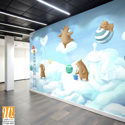 Cute cartoon bears painting clouds and balloons on the sky Wallpaper [WP-FXD-454]