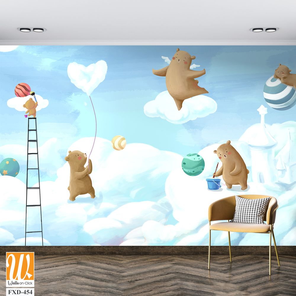 Cute cartoon bears painting clouds and balloons on the sky Wallpaper [WP-FXD-454]