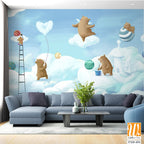 Cute cartoon bears painting clouds and balloons on the sky Wallpaper [WP-FXD-454]