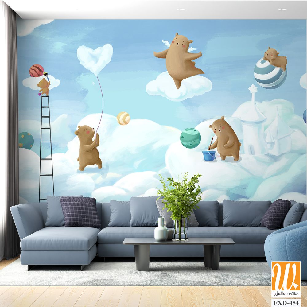 Cute cartoon bears painting clouds and balloons on the sky Wallpaper [WP-FXD-454]