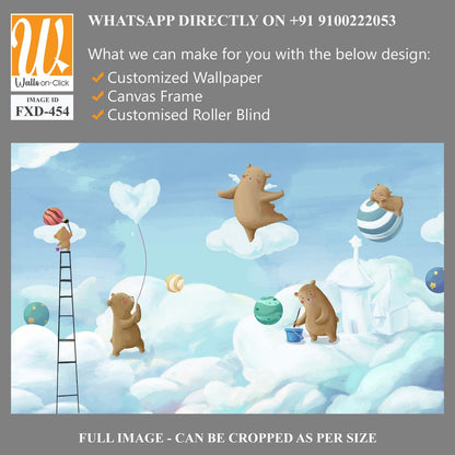 Cute cartoon bears painting clouds and balloons on the sky Wallpaper [WP-FXD-454]