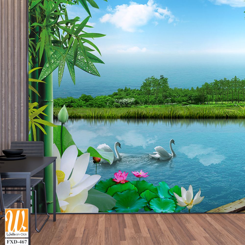 3D wallpaper of bamboo, forest and lake [WP-FXD-467]