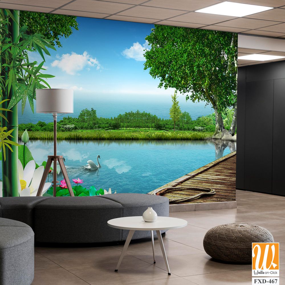 3D wallpaper of bamboo, forest and lake [WP-FXD-467]