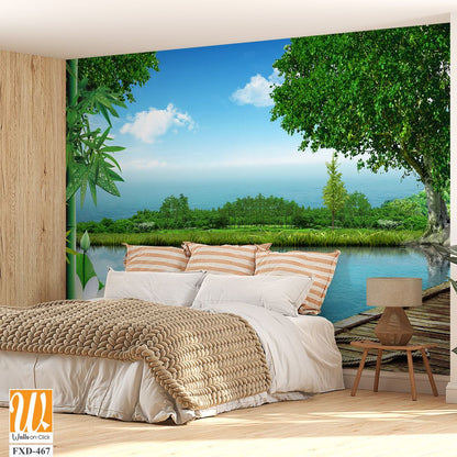 3D wallpaper of bamboo, forest and lake [WP-FXD-467]