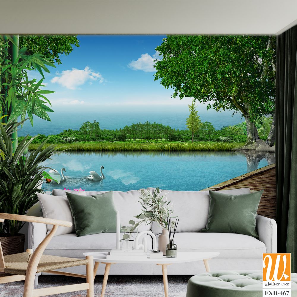 3D wallpaper of bamboo, forest and lake [WP-FXD-467]