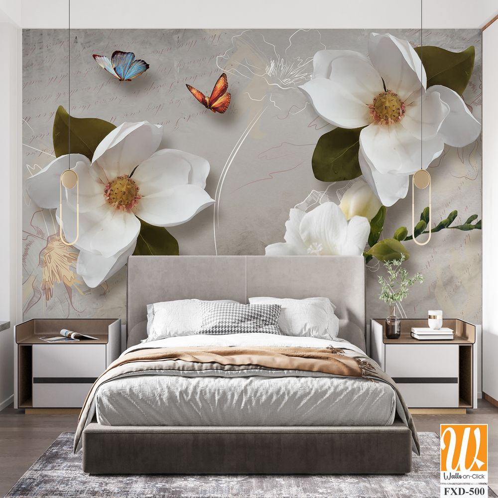3D wallpaper with white magnolia flowers and green leaves [WP-FXD-500]