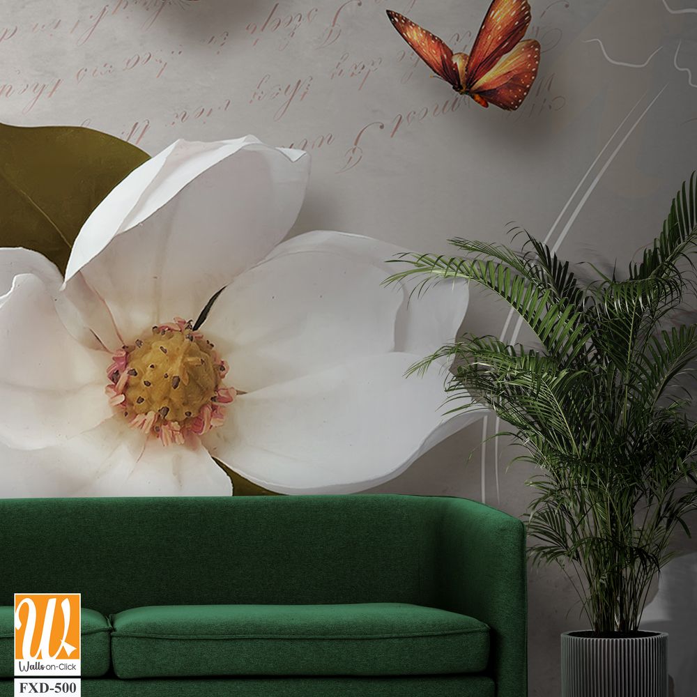 3D wallpaper with white magnolia flowers and green leaves [WP-FXD-500]