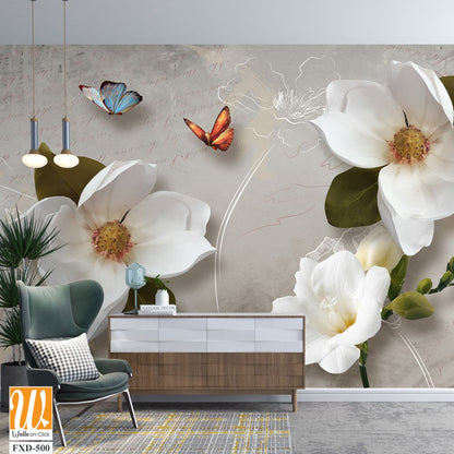 3D wallpaper with white magnolia flowers and green leaves [WP-FXD-500]