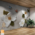 3D wallpaper with white magnolia flowers and green leaves [WP-FXD-500]