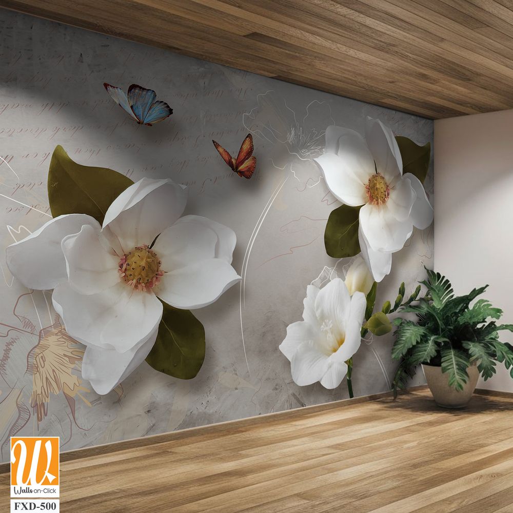 3D wallpaper with white magnolia flowers and green leaves [WP-FXD-500]