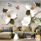 3D wallpaper with white magnolia flowers and green leaves [WP-FXD-500]